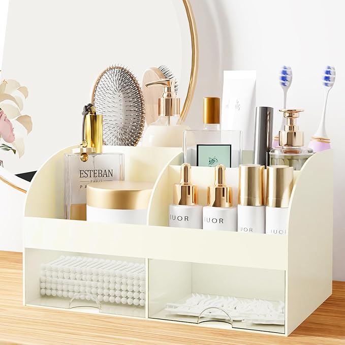 Makeup Organizer with Drawers, Cosmetic Storage for Dresser Vanity and Bathroom Countertop, Beauty Holder for Lipstick Brush,