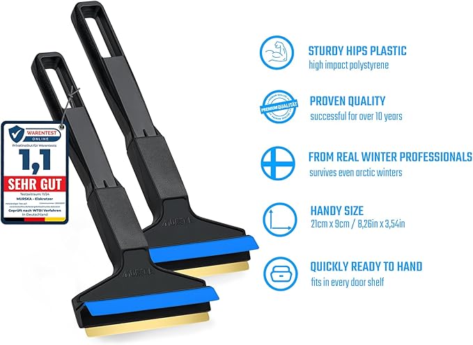 Car Ice Scraper Brass Blade - fast, easy & efficient - [ 2 Pack ] Brass Ice Scraper for Car - Ice Scrapers for Car Windshield Ice Scraper - Original Murska from Europe - for Winter - A053-2 Black Blue