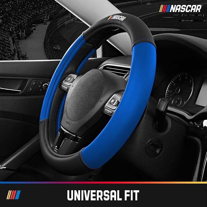NASCAR Steering Wheel Cover, Two-Tone Blue Leather Patchwork, Universal Fit 14.5"-15.5" Steering Covers for Cars, Anti-Slip, 