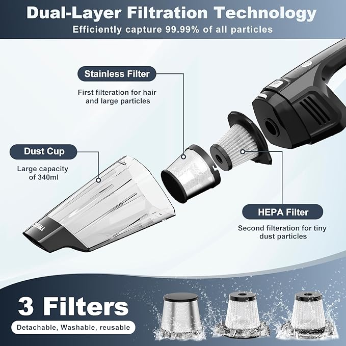 Handheld Vacuum Cordless, 14500PA Powerful Suction Hand Held Vacuum Cleaner with Brushless Motor, Rechargeable and Portable C