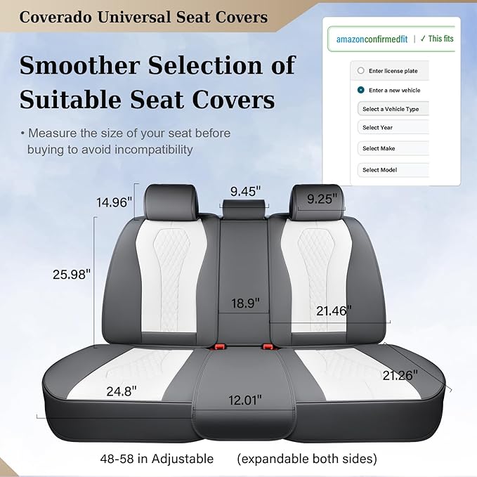 Coverado Rear Seat Covers, White Car Seat Cover, Back Seat Cover, 3-Pieces Luxury Car Seat Cushion, Leather Seat Cover Seat P