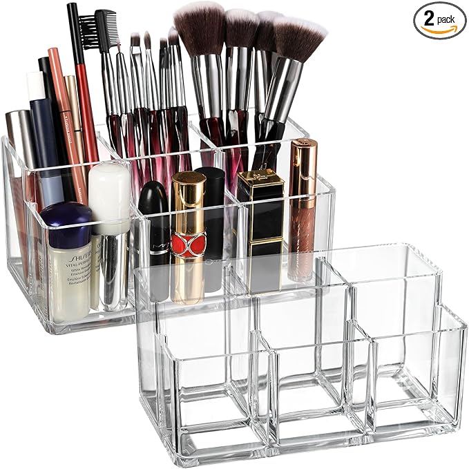 Foraineam 2 Pack Acrylic Makeup Brushes Holder with 6 Slots, Clear Pen Pencil Organizer Desktop Stationery Storage Container,