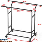 Simple Houseware Heavy Duty Double Rail Clothing Garment Rack, Holds Up to 200 lbs, 43 to 67 Inches Extendable Rod, Black