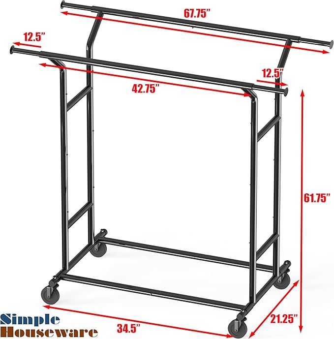 Simple Houseware Heavy Duty Double Rail Clothing Garment Rack, Holds Up to 200 lbs, 43 to 67 Inches Extendable Rod, Black