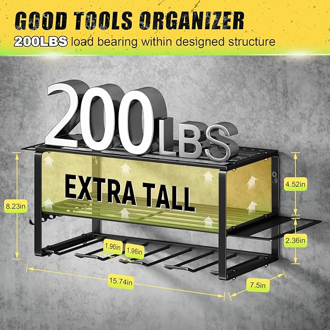 Power Tool Organizer Wall Mount - 200Lbs Load 3 Layers Storage Rack with 4 Drill Holders for Drills Cordless Tools. Heavy Dut