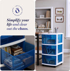 HOMZ Drawer Tower, 3-Tier Clear Blue Plastic Storage Organizer Cart, White Frame - Rolling Drawer Containers with Wheels for 
