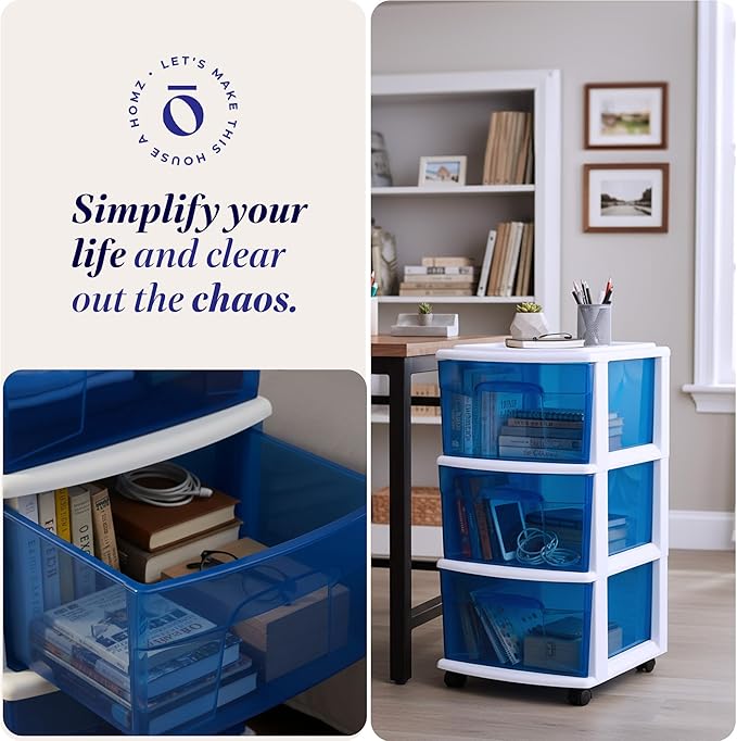 HOMZ Drawer Tower, 3-Tier Clear Blue Plastic Storage Organizer Cart, White Frame - Rolling Drawer Containers with Wheels for 