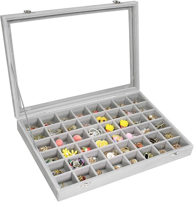 Vicoter Velvet Jewelry Tray 48 Compartments Jewelry Display Organizer with Transparent Cover Rings, Earrings, Necklaces, Pend