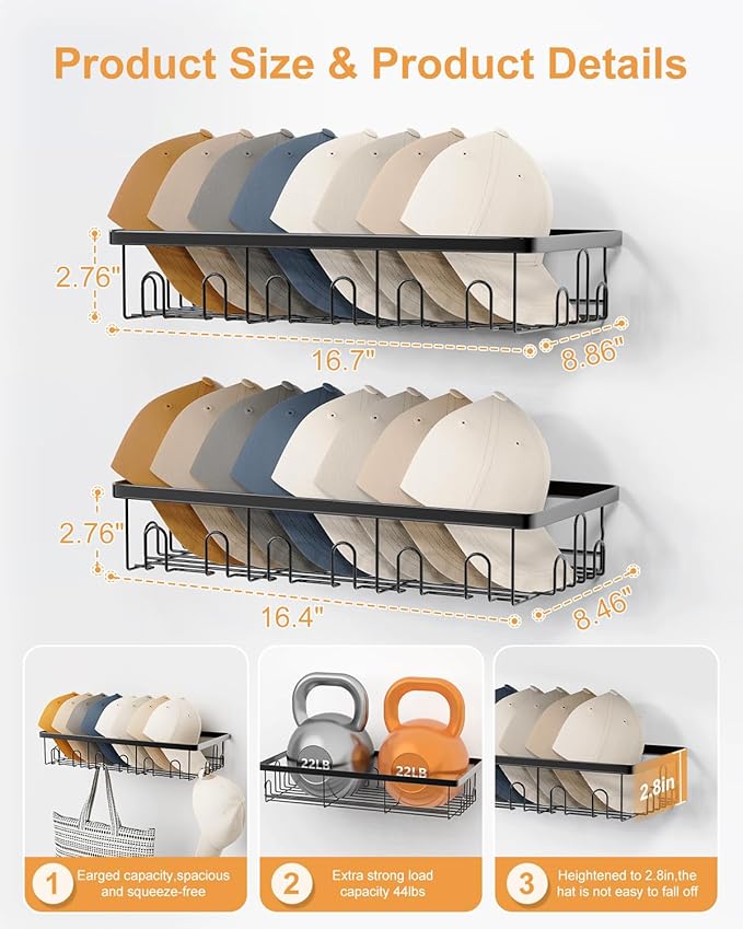 4 Pack Hat Rack for Wall Holds 112 Caps Hat Organizer for Wall Mounted Hat Holder on Wall Hat Organizer for Baseball Caps Hat