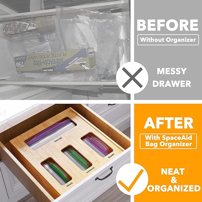 SpaceAid Bag Storage Organizer for Kitchen Drawer, (1 Box 4 Slots) Bamboo Drawer Dividers 6 Dividers with 12 Inserts (17-22 i