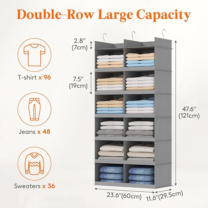 Lifewit Dual-Row Shelf Hanging Closet Organizer and Storage, Clothes Shelves with 3 Sturdy Hooks for Clothing Organization, F