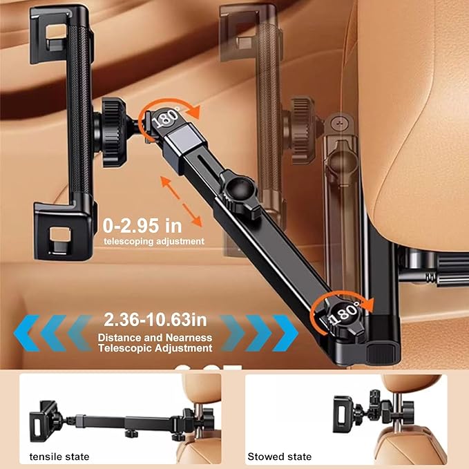 Car Headrest Tablet Holder - [18.9" Max Extension] [Zinc Alloy Lockable Arm] Backseat Phone & Tablet Mount for iPad, iPhone, Switch, 4.7-13" Devices (D6)