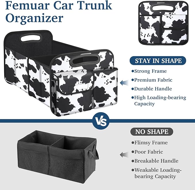 Femuar Car Trunk Organizer, Cow Print, Vintage Style, 52L Capacity, 4 Compartments, Waterproof, Non-Slip, Collapsible, 22.5D x