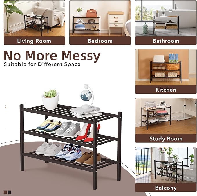 3 Tier Bamboo Shoe Rack Storage Organizer for Closet, Multifunctional Stackable Free Standing Shoe Shelf Organizer for Small 