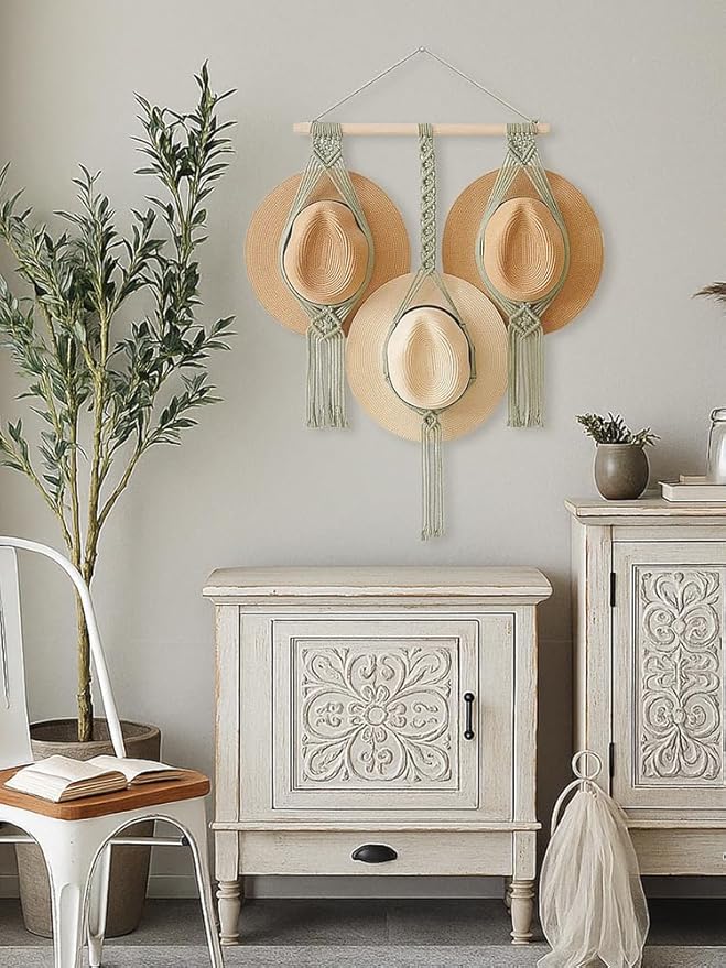 Tissting Macrame Hat Hangers Boho Hat Rack for Wall Hat Holder Display Organizer Bobo Hanging Hat Organizer Storage for Wide 