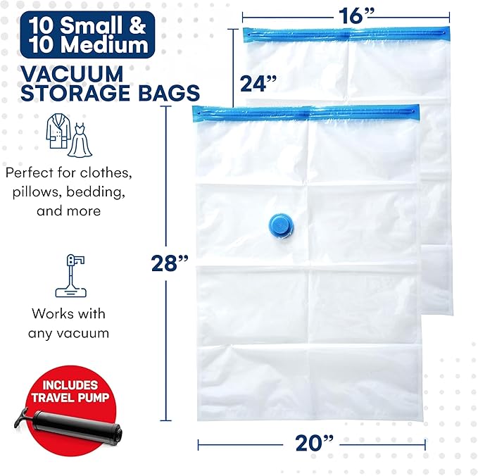 20 Pack Variety Vacuum Storage Bags for Comforters, Blankets & Clothes – Vacuum Sealed Compression Bags with Hand Pump – Spac