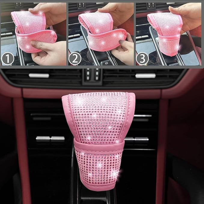 NBTEPEM 30 Pcs Pink Bling Car Accessories Set for Women, Pink Steering Wheel Cover Set, Bling Console Cover, Seat Belt Cushion, Shift Knob Cushion, Cup Coaster, Rhinestone Car Hanging Accessories