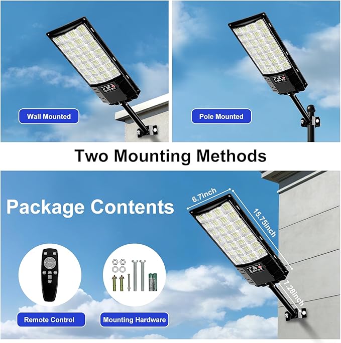 Solar Street Lights, Outdoor Flood Light, Dusk to Dawn, 6500k Dimmable Security Lamps with Remote Control, IP66 Waterproof Solar Powered Parking Lot Lights