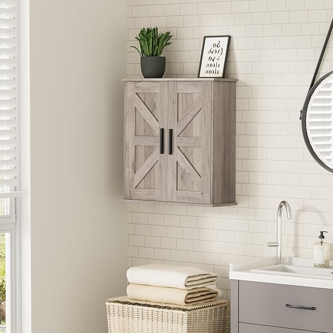 Homleke Bathroom Wall Cabinet, Over Toilet Storage Cabinet with Barn Doors and Adjustable Shelves, 3-Tier Medicine Cabinet Wa