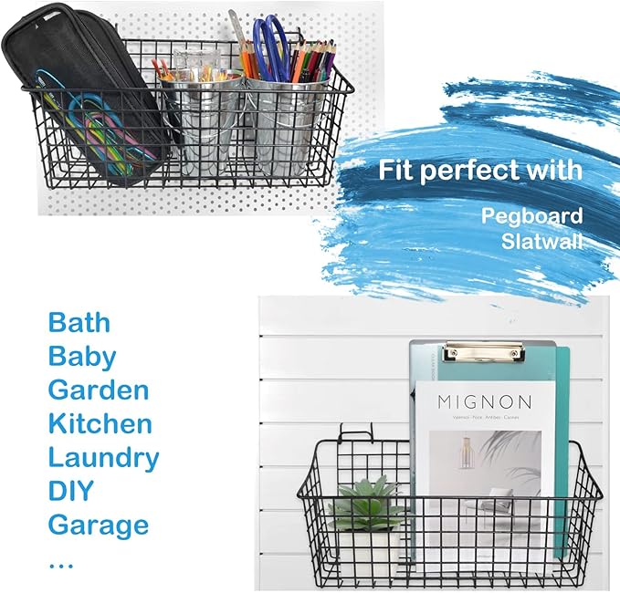 G.CORE 2 Pack Pegboard Baskets, Black Metal Shelves Hooks to 1/8" and 1/4" Hole Peg Boards, Peg Board Baskets Bins Set - Tool