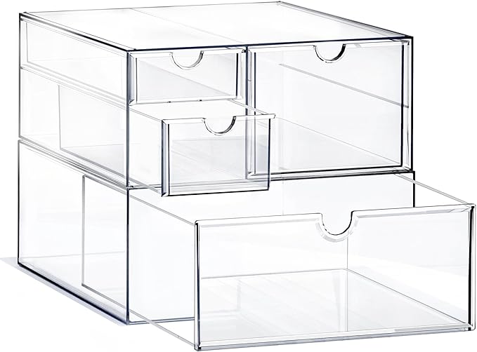 Prsildan Acrylic Drawer Makeup Organizer with 4 Drawers, Set of 2 Office Desk Organizers Accessories, Clear Stackable Storage