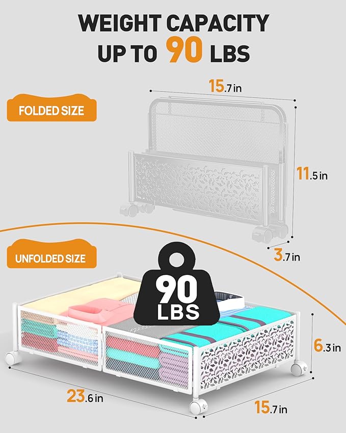 Under Bed Storage With Wheels - 60L Foldable Pattern Carved Metal Container, Rolling Underbed for Shoes, Clothes, Blankets - 