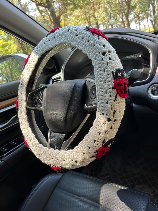 Crochet Ladybug Steering Wheel Cover Universal 14-15 inch (A,Steering Wheel Cover)