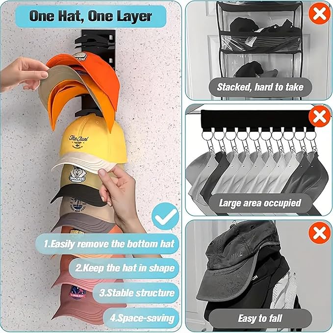 2-Pack Hat Organizer for Baseball Caps, 20-Cap Wall Mounted Hat Rack, No-Drill Adhesive or Screw-In Hat Hanger, Sturdy Vertic