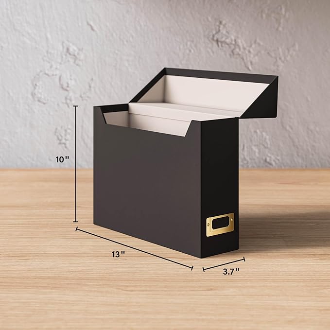 SMEAD Flip Top File Box, 10" x 3.7" x 13", Black Natural Linen, Gold Metal Nameplate (70233)