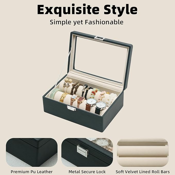Bracelets Organizer Rods Bangles Display Holder, Clear See through Lid Leather Velvet Jewelry Storage Box Case for Women, 2 R