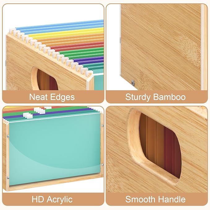 Sbanmao Letter/Legal Bamboo Acrylic File Box Organizer, Hanging File Folder Storage Boxes, Decorative Document Crate Transpar