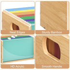 Sbanmao Letter/Legal Bamboo Acrylic File Box Organizer, Hanging File Folder Storage Boxes, Decorative Document Crate Transpar
