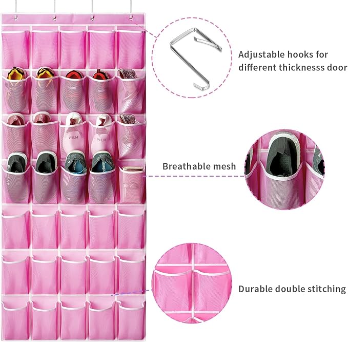 SAVERHO 35 Pockets Over the Door Shoe Organizer, Hanging Shoe Organizer for Door with 35 Mesh Pockets Large Capacity Shoe Han