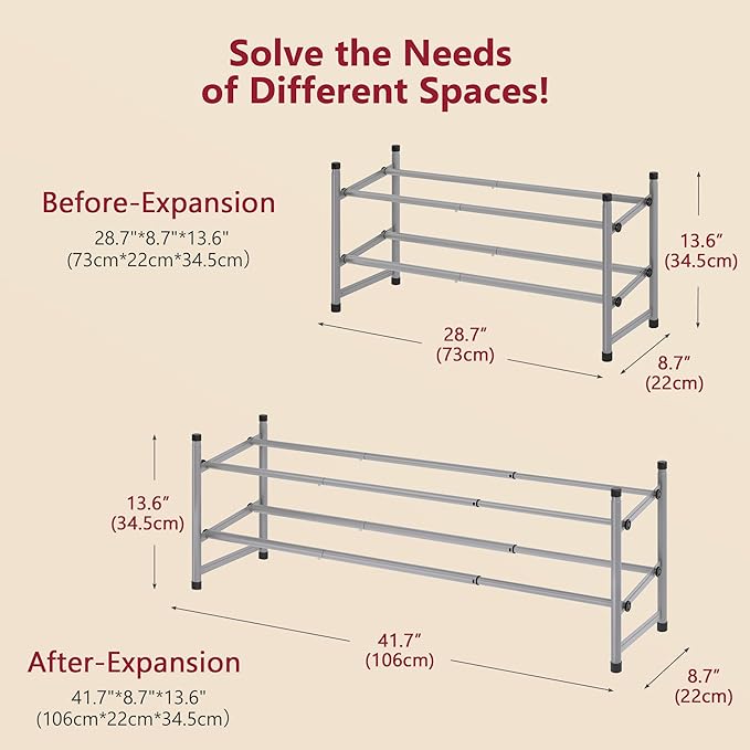 Tajsoon 2 Tier Expandable Shoe Rack for Closet, 28“-41“Adjustable & Stackable Shoe Shelf Storage, Metal Shoe Rack Organizer f