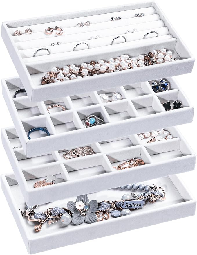 Frebeauty Jewelry Organizer Tray,Stackable Velvet Jewelry Trays,Drawer Inserts Earring Organizer For Women Jewelry Storage Di