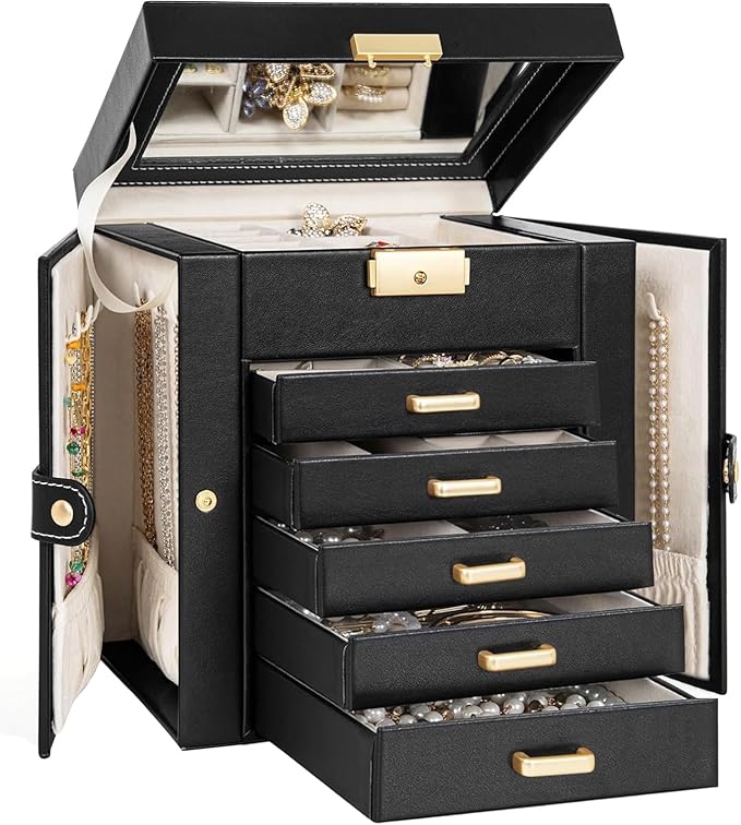 TORIBIO Large Jewelry Box for Women, Leather Jewelry Organizer with Mirror & Lock, 6-Tier Jewelry Storage Case for Girls/Wome