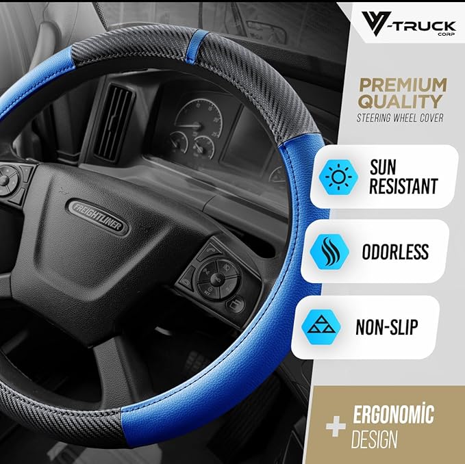 18-Inch Genuine Leather Steering Wheel Cover for Semi Trucks – Blue with Black Carbon Fiber Imitation, Heavy-Duty Non-Slip Grip, Universal Fit, Easy Installation