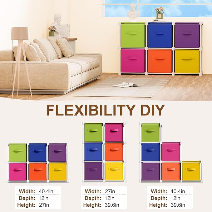 6 Cube Storage Organizer with Shelf Back to School Boxes 11 Inch Toy Storage Bins Closet Organizers Drawers Fabric Dresser fo