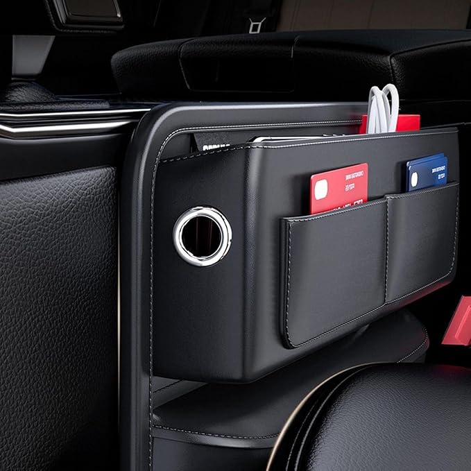 Car Seat Gap Organizer – Universal Leather Side Pocket Storage Box for SUV, Truck & Sedan, Center Console Organizer with 4 Storage Pockets, Premium Black Car Accessories for Men & Women