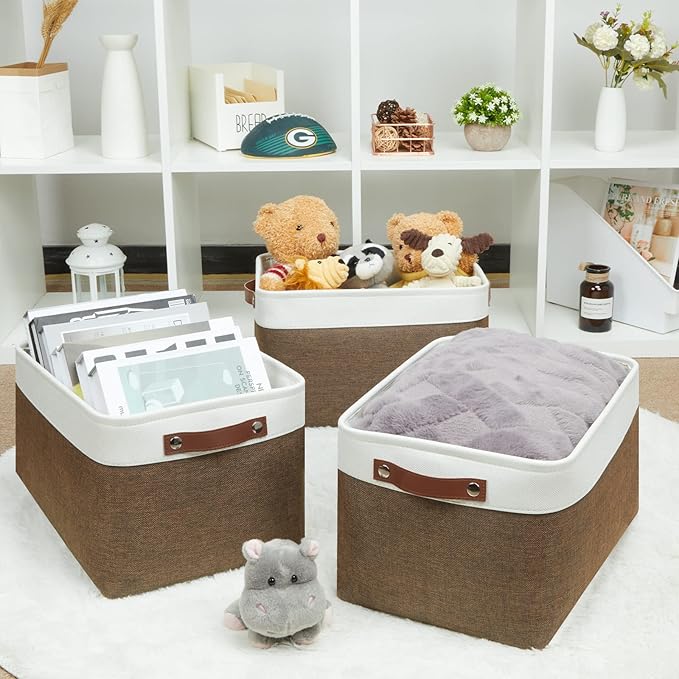 HNZIGE Fabric Storage Baskets (3 Pack) - Decorative Foldable Shelf Baskets with Leather Handles for Organizing Clothes (Brown
