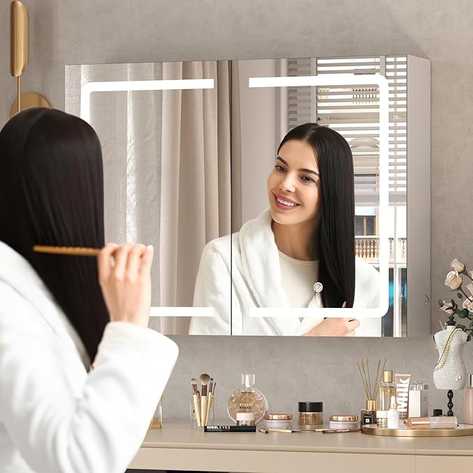 DICTAC Medicine Cabinet with Mirrors and Storage 31.5''x23.6'' Wall Mounted Bathroom Mirror Cabinets with Led Lights Double D