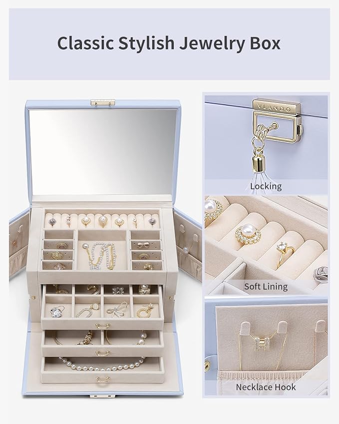VLANDO Jewelry Box for Girls, 4-Tier Jewelry Organizer with Lock, Mirror Jewelry Box for Earring, Ring, Necklace and Bracelet