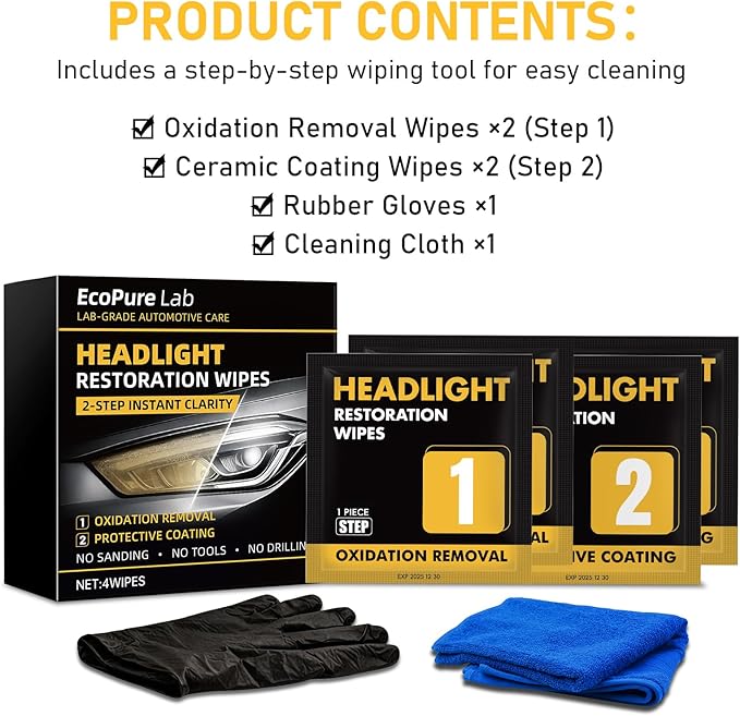 2-Step Headlight Restoration Wipes–No Sanding Car Headlight Restoration Kit with Oxidation Remover&Ceramic Coating,UV Protect