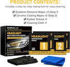 2-Step Headlight Restoration Wipes–No Sanding Car Headlight Restoration Kit with Oxidation Remover&Ceramic Coating,UV Protect