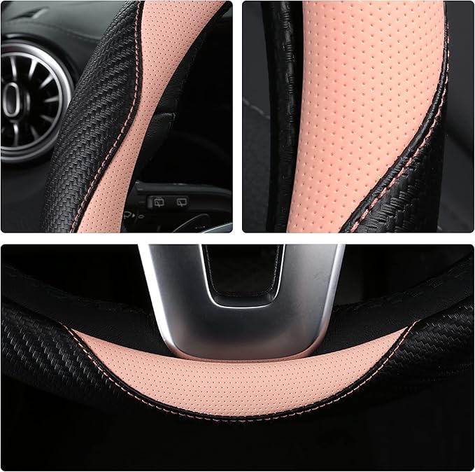 HighnessHwoo Car Steering Wheel Covers for Women Padded Carbon Fiber PU Leather Cute Auto Interior Accessories for Vehicle, S