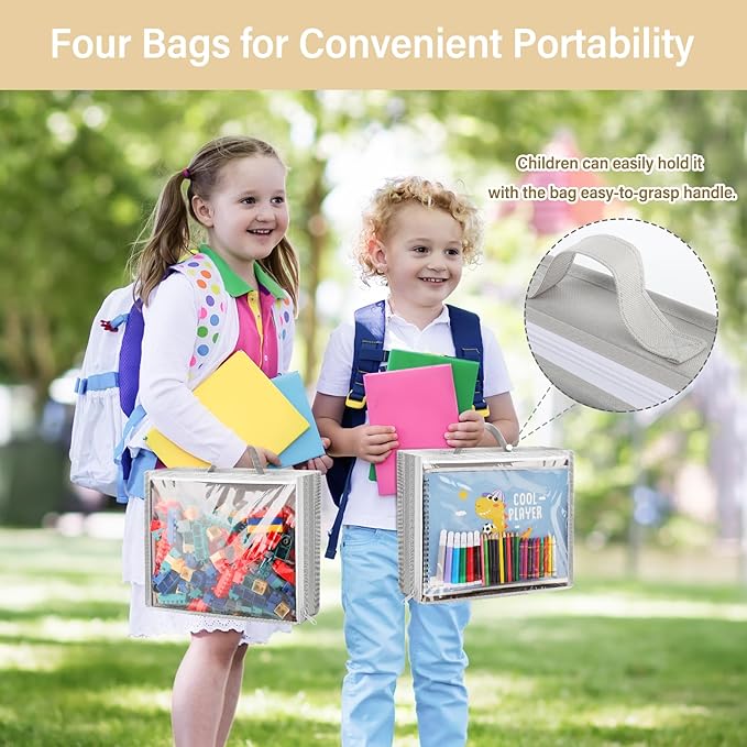 Woodoulogy Hanging Toy Storage over Door, Block Stuffed Animal Organizer Idea with 4 Removable Case Bag, Bi-Fold Closet Holde