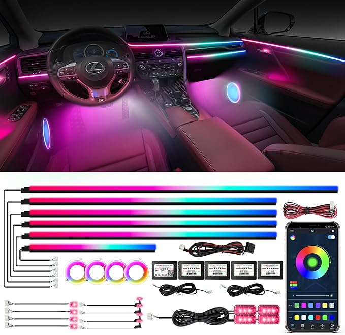 Dreamcolor Acrylic Ambient Lighting Car Lights – Wireless APP Control, Music Sync, Dynamic RGB Interior Car LED Strip Light Kit, 22-in-1 Customizable LED Neon Light Kits for Car Interior