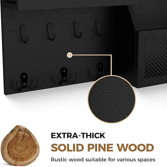 LubanNese Key Holder Wall Mount Pine Wood 16 X 8 Mail Organizer Farmhouse Key Rack for Wall with Hooks and Shelf, Rustic Wood