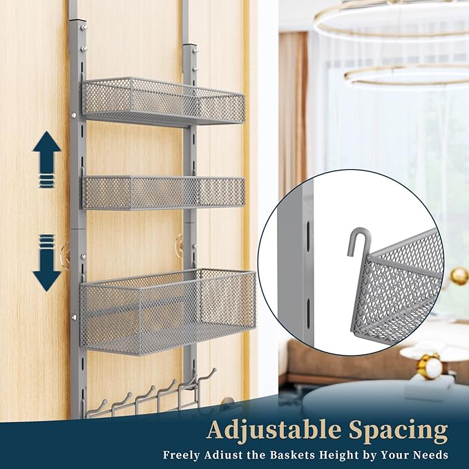 Consumest Over The Door Hooks Organizer - 4 Tier Door Coat Rack with 3 Baskets and 12 Hooks, Stainless Steel Towel Hanger for