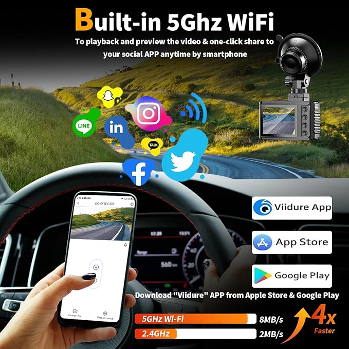 Dash Cam Front and Rear: 4K Dual Channel Dash Cam - 5GHz WiFi, Dash Camera for Cars with 64GB Card, 2" IPS, App Control, G-Se